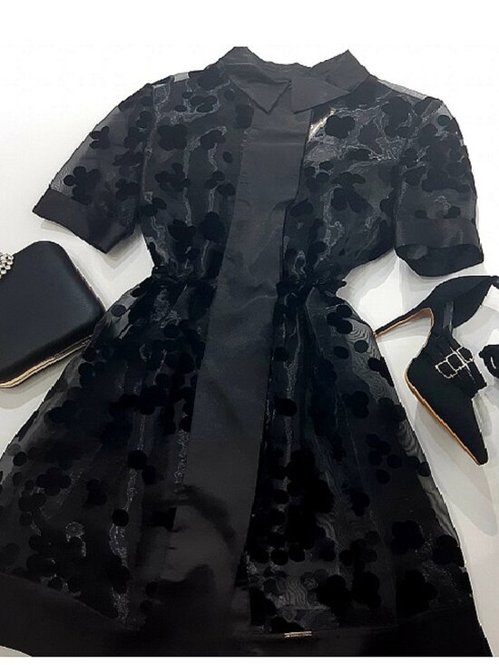 Green World Dresses & Skirts - Shirt Collared Sheer Dress with Velvet Blossom Pattern